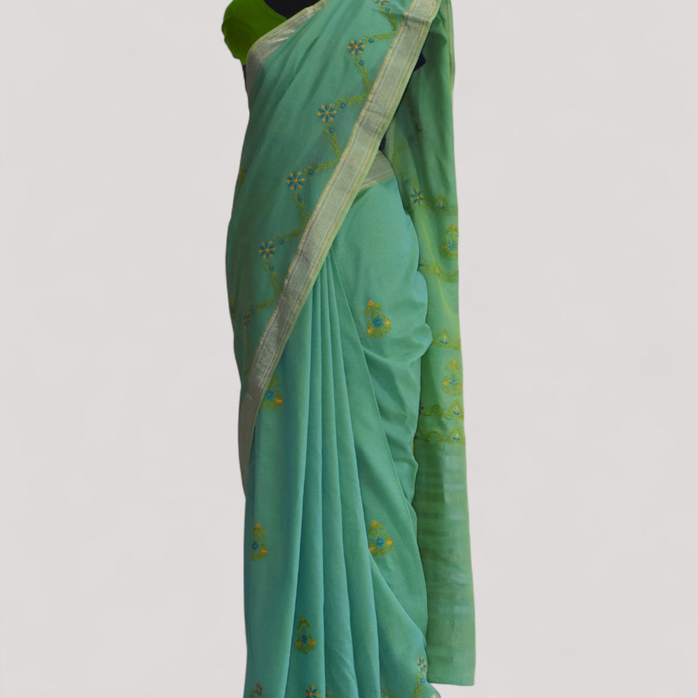 Sea Blue - Hand Embroidered Organic Cotton Saree