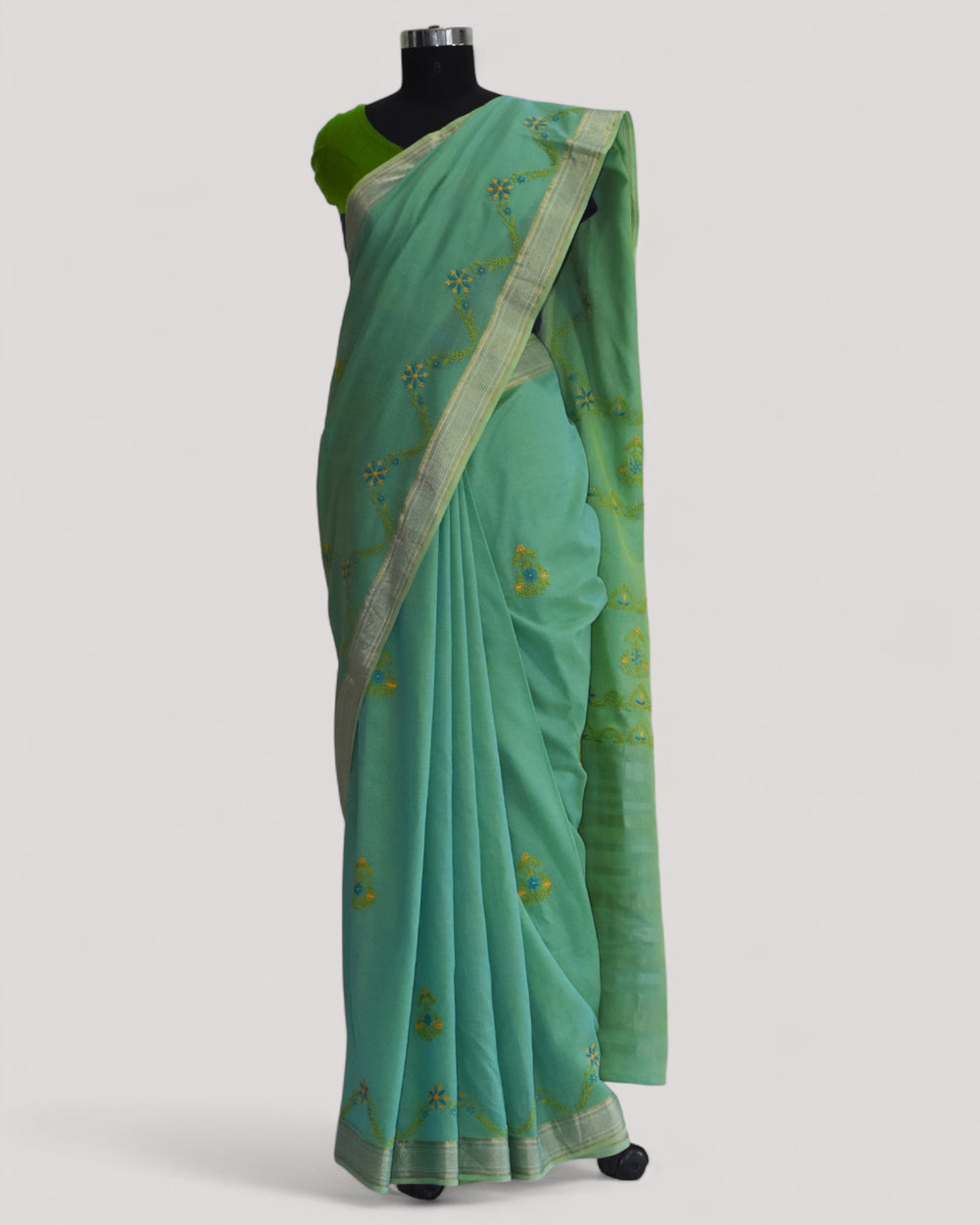 Sea Blue - Hand Embroidered Organic Cotton Saree