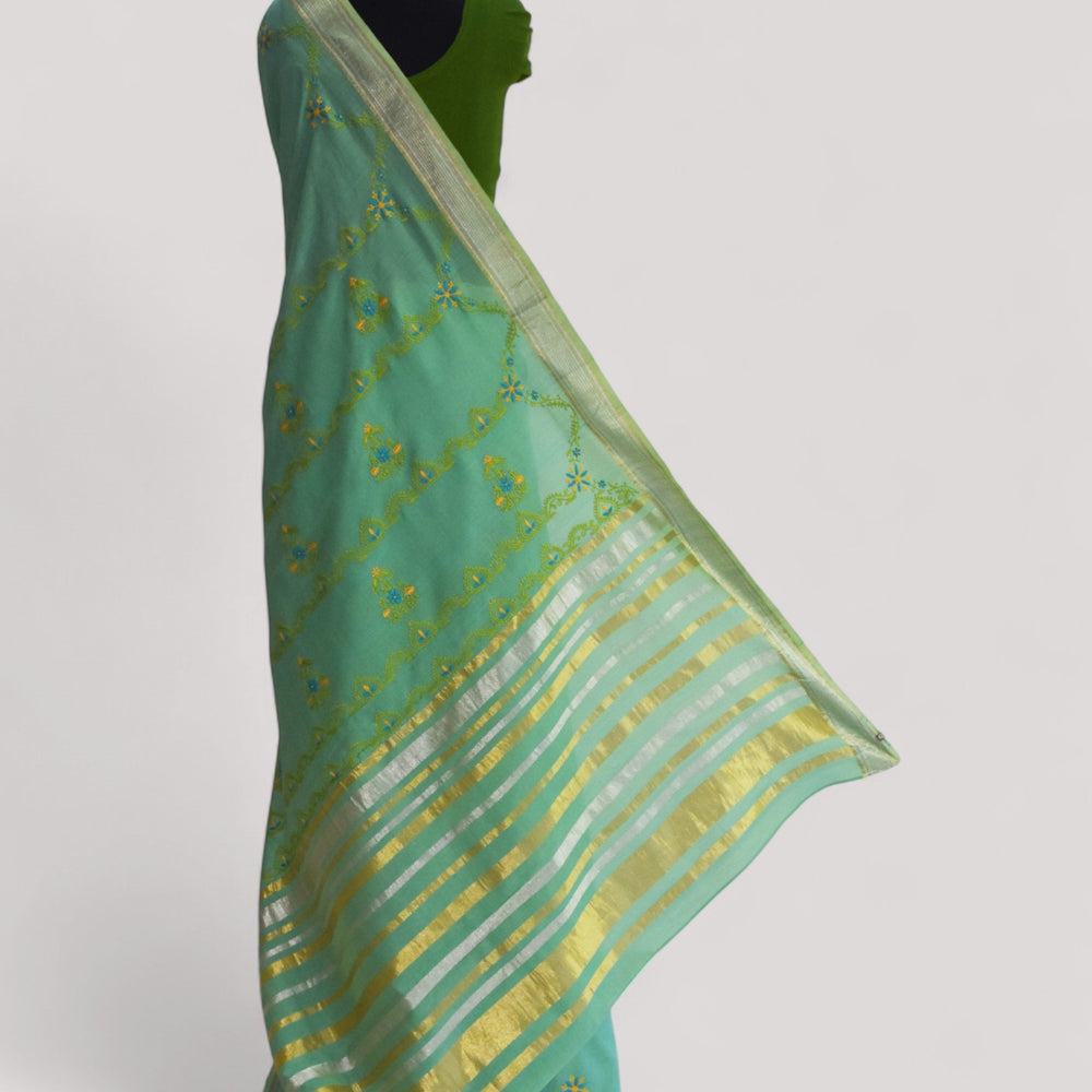 Sea Blue - Hand Embroidered Organic Cotton Saree