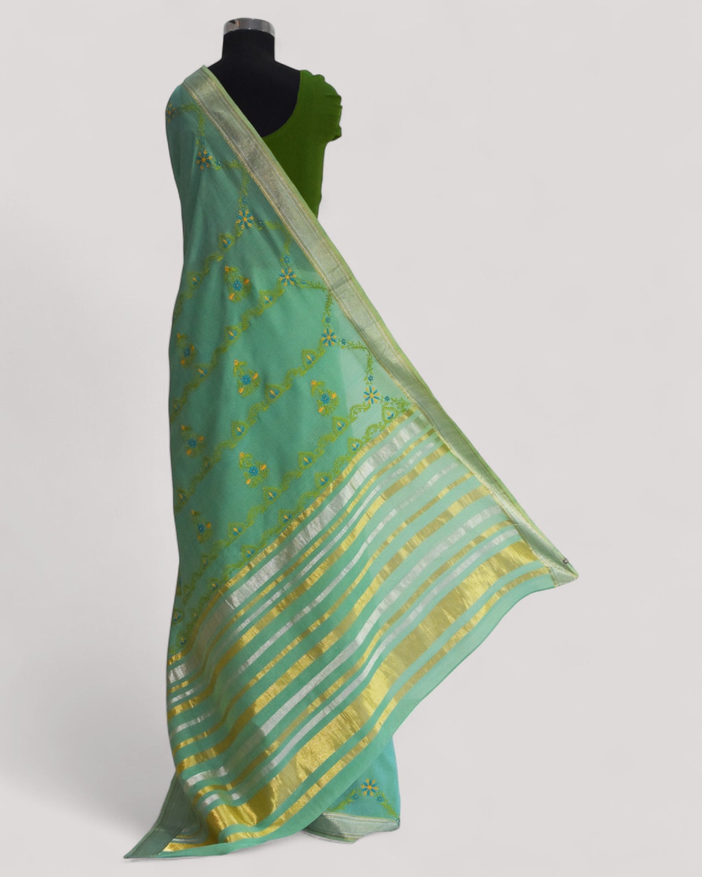 Sea Blue - Hand Embroidered Organic Cotton Saree