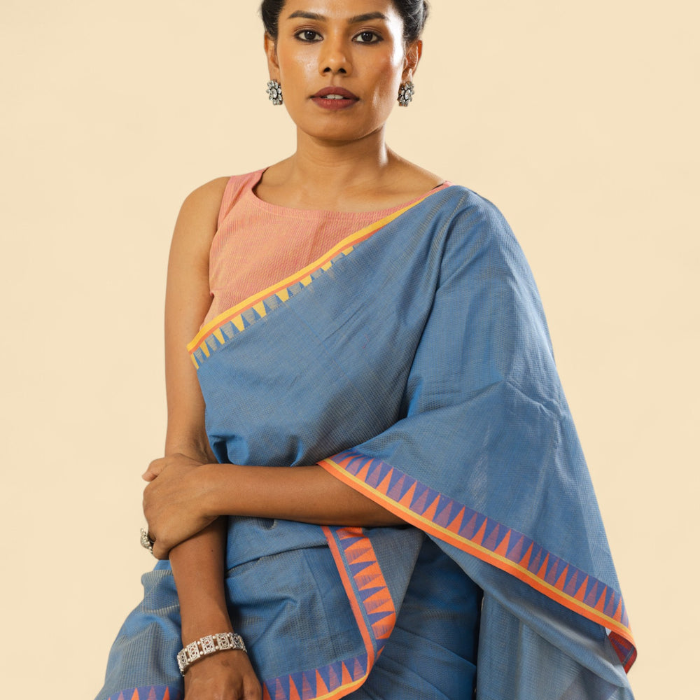 
                      
                        Blueish Grey - Temple Motif Organic Cotton Saree
                      
                    