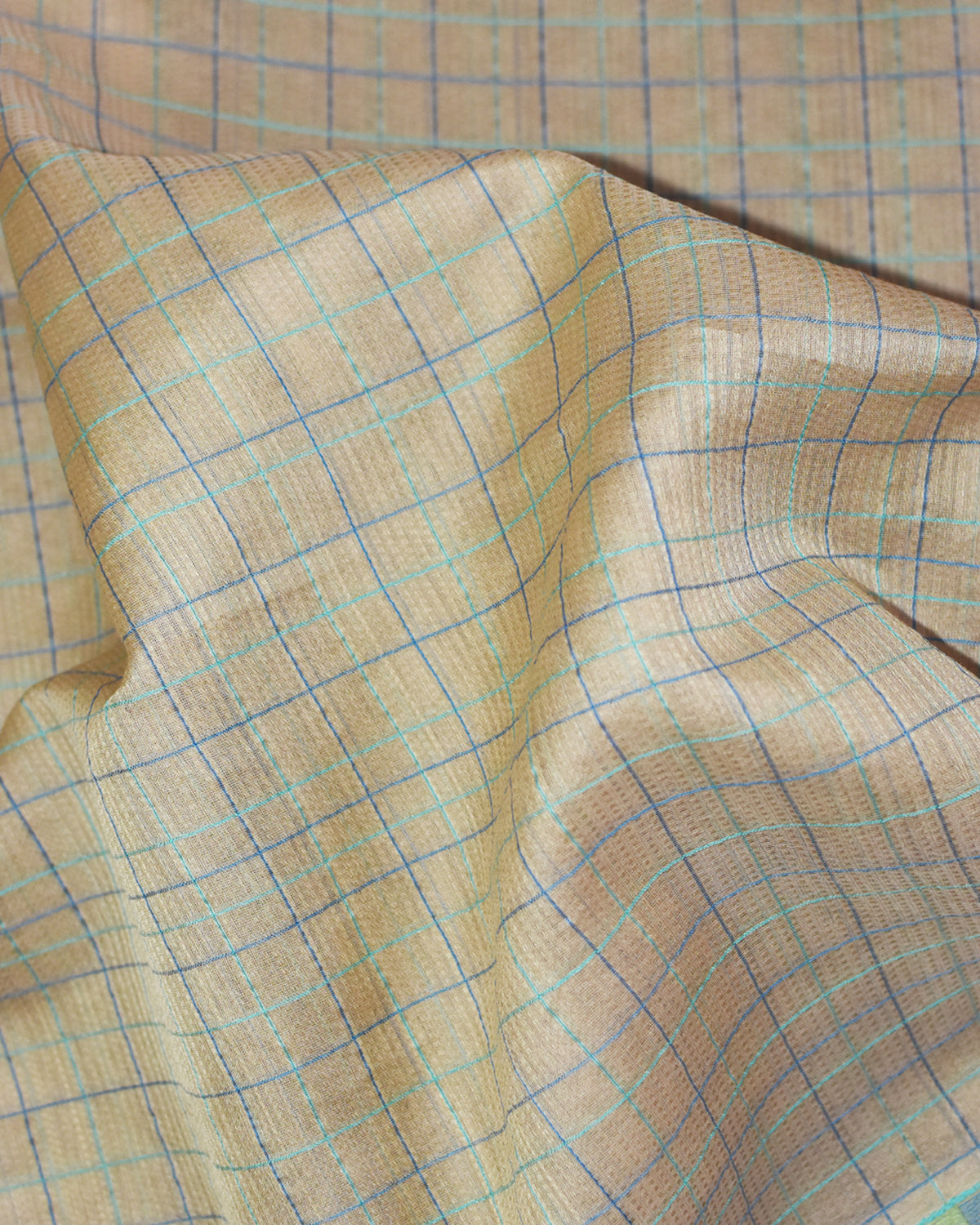 Beige with Green- Checks Classic Organic Cotton Saree