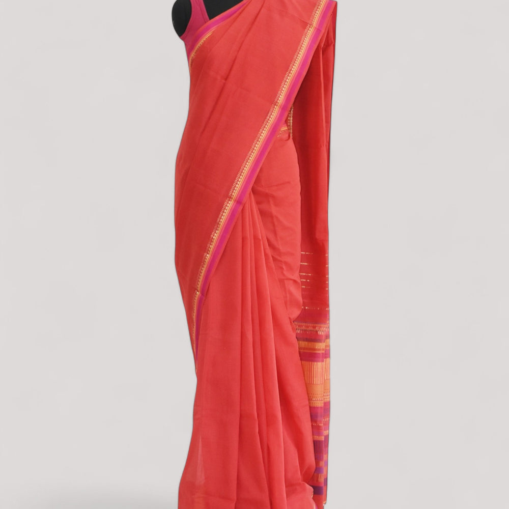 Red - Dots and Dashes Organic Cotton Saree