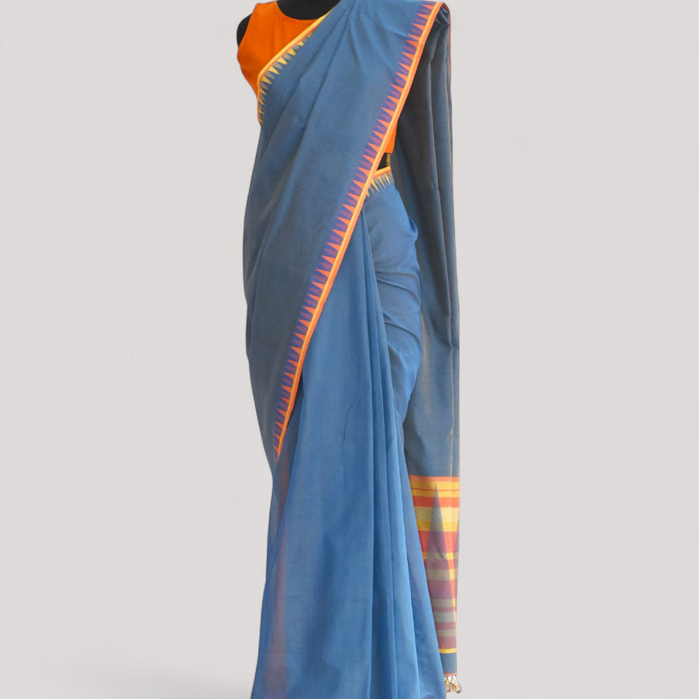 Blueish Grey - Temple Motif Organic Cotton Saree