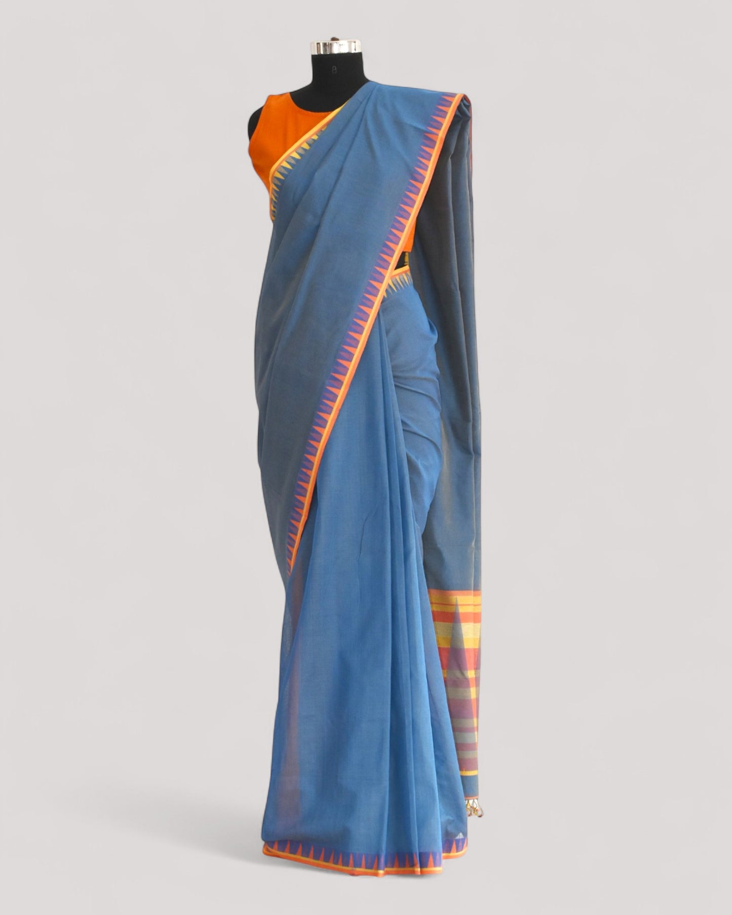 Blueish Grey - Temple Motif Organic Cotton Saree