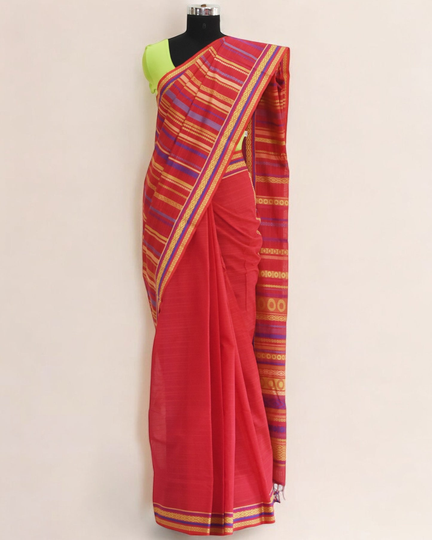 Red - Circles & stripes Organic Cotton Saree