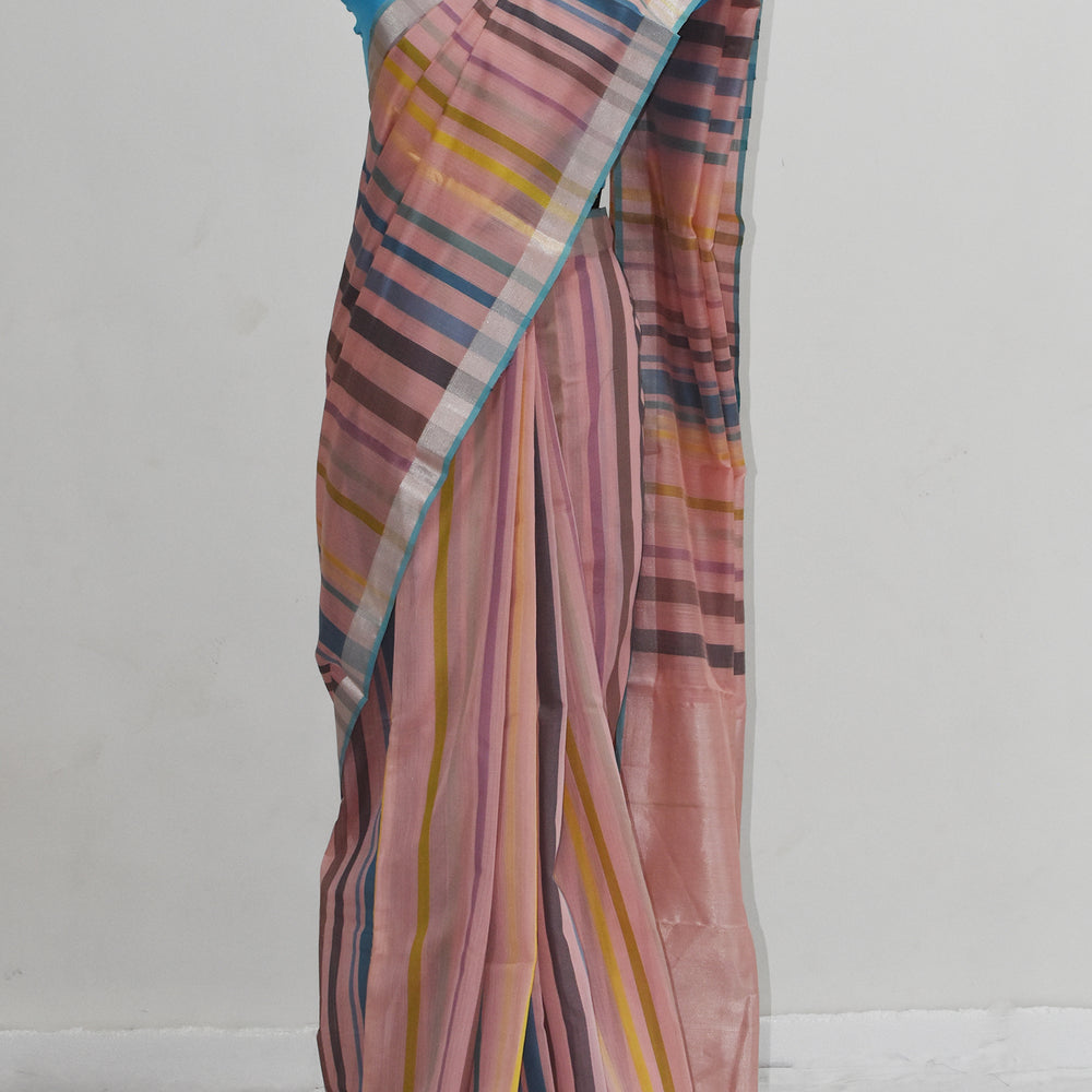 Pink - Striped Quilt Organic Cotton Saree