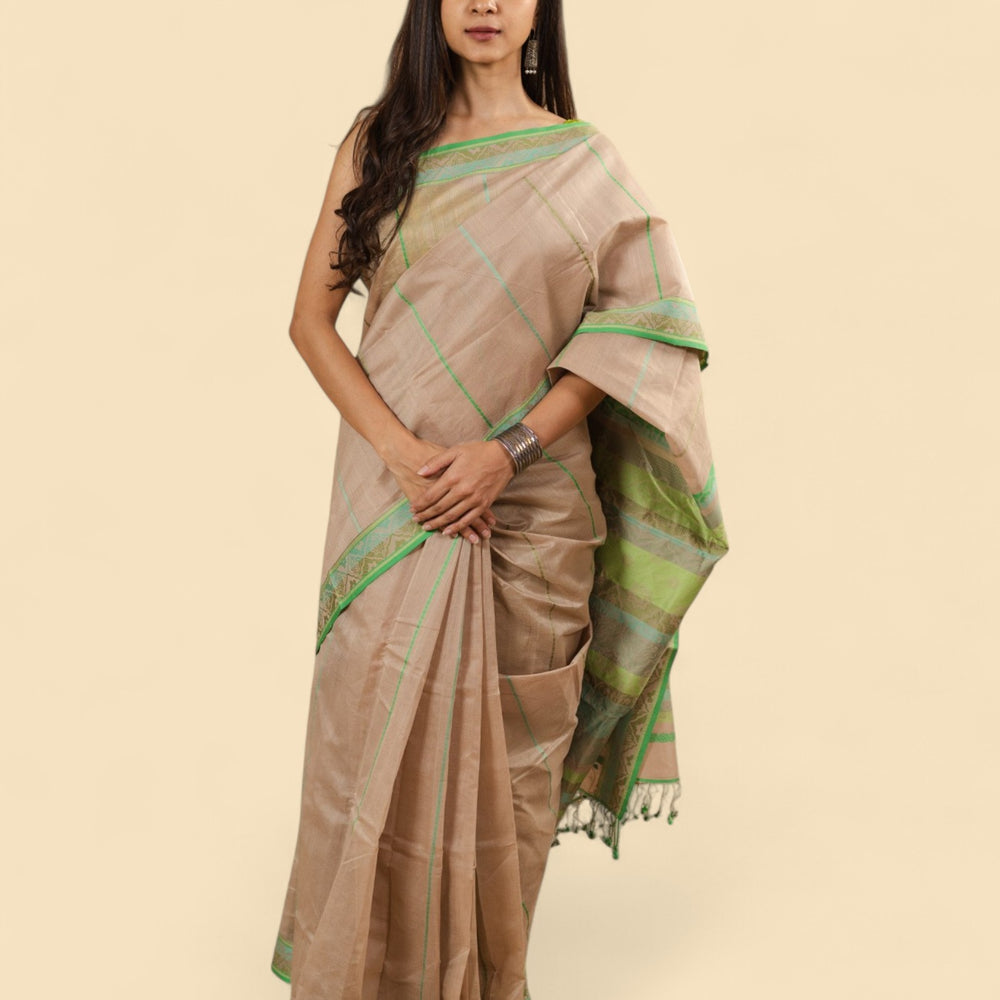 Beige - Jaipur Quilt Organic Cotton Saree