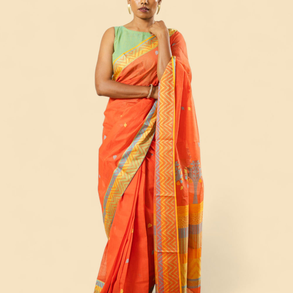 Orange - Tree & Leaves  Motif Organic Cotton Saree