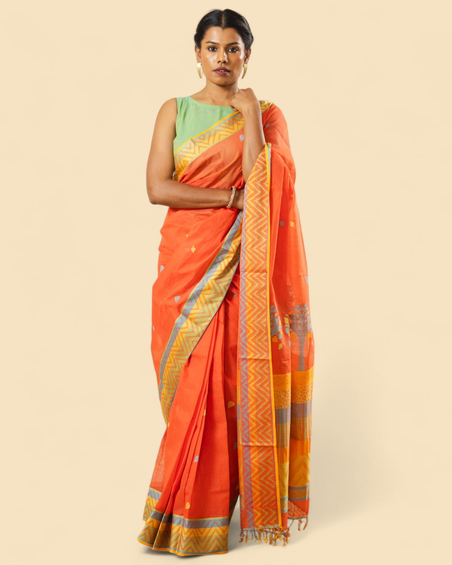 Orange - Tree & Leaves  Motif Organic Cotton Saree