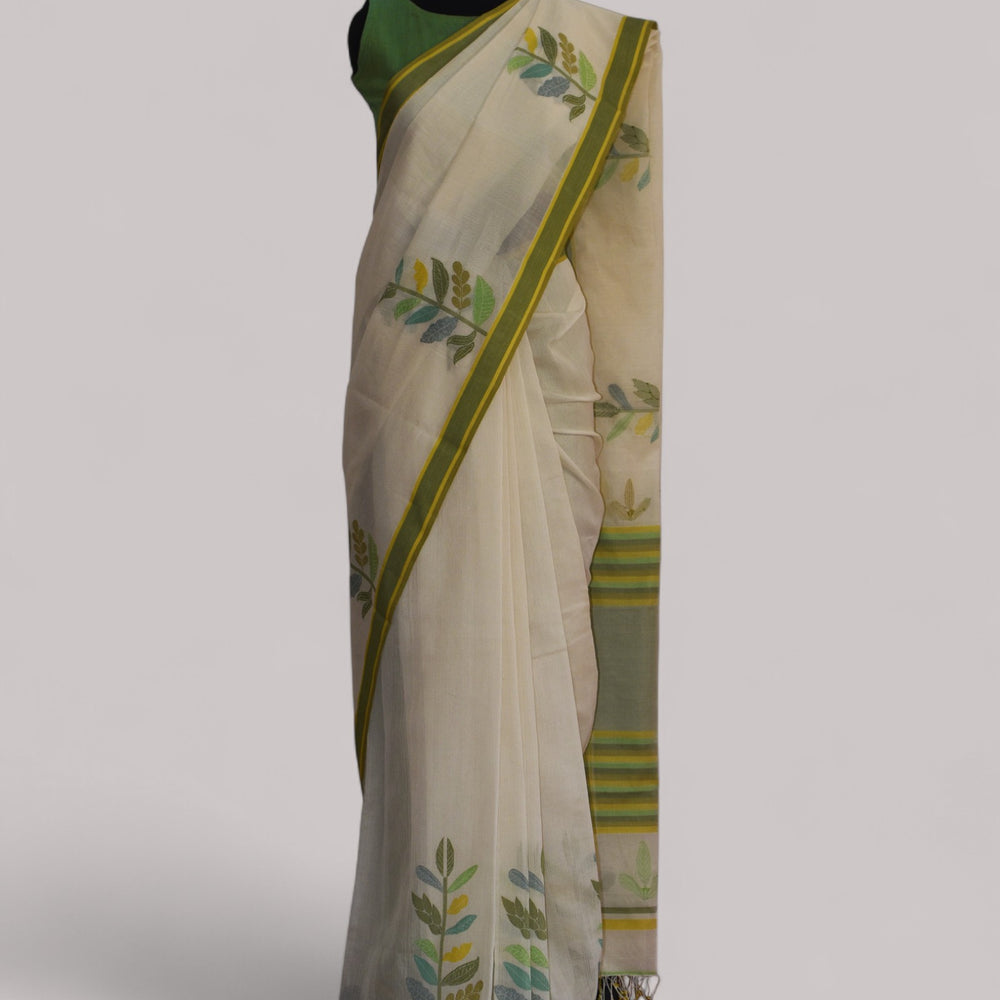 
                      
                        White - Leaf Motif Organic Cotton Saree
                      
                    