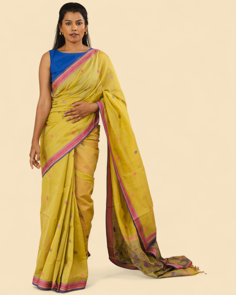 Olive Green - Cactus Motif Organic Cotton Saree