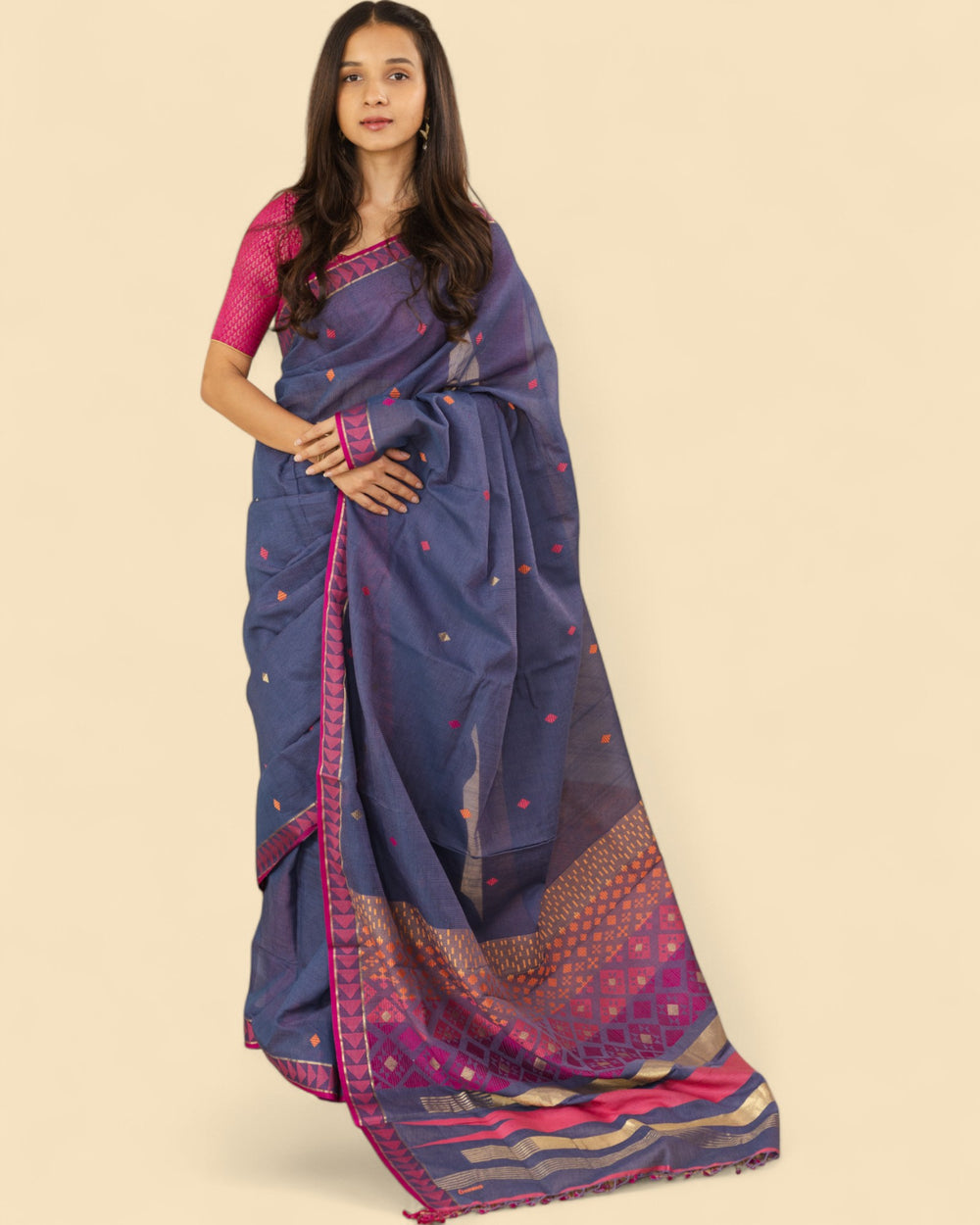 Charcoal Blue - Kites Motif Organic Cotton Saree