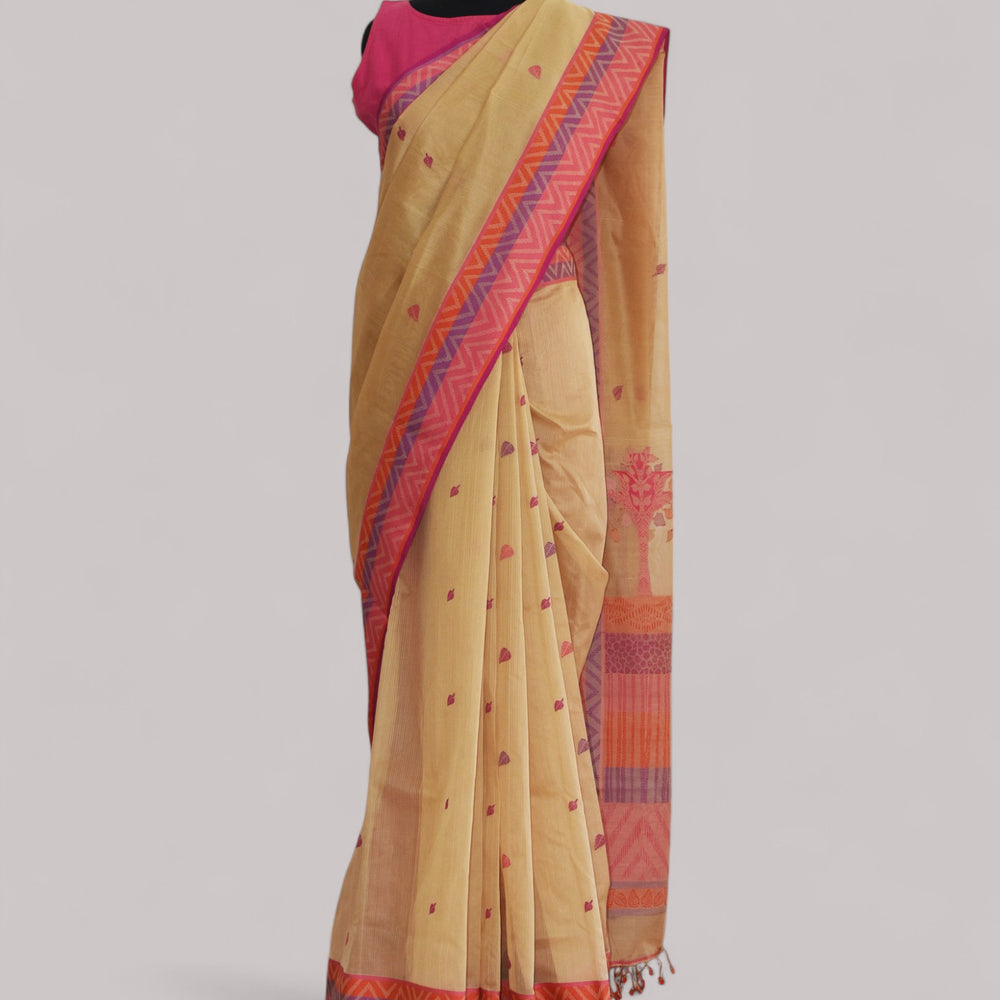 Beige - Tree & Leaves  Motif Organic Cotton Saree