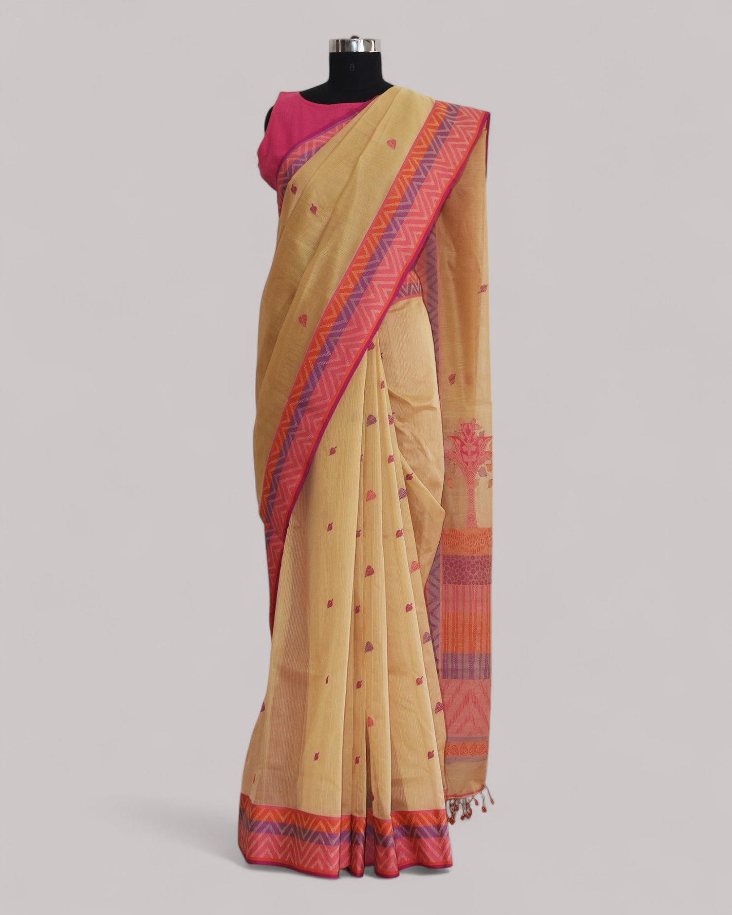 Beige - Tree & Leaves  Motif Organic Cotton Saree