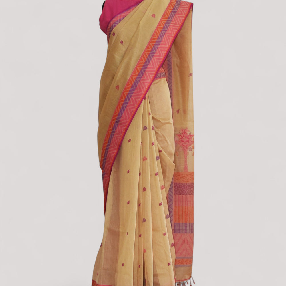 Beige - Tree & Leaves Motif Organic Cotton Saree