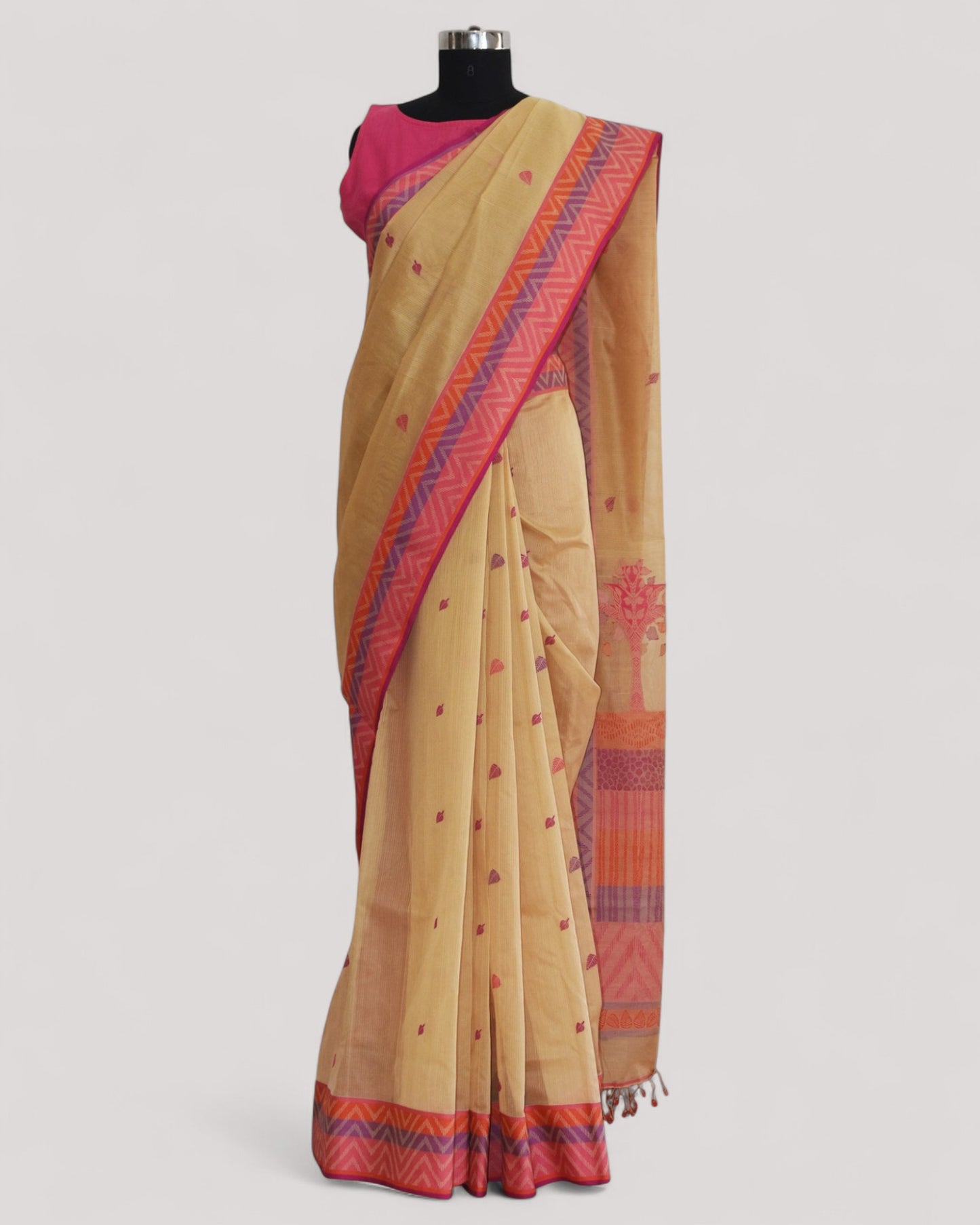 Beige - Tree & Leaves Motif Organic Cotton Saree
