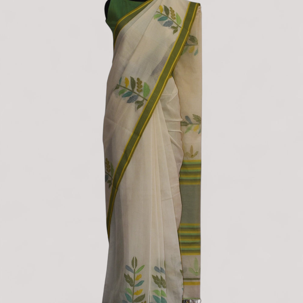 White - Leaf Motif Organic Cotton Saree