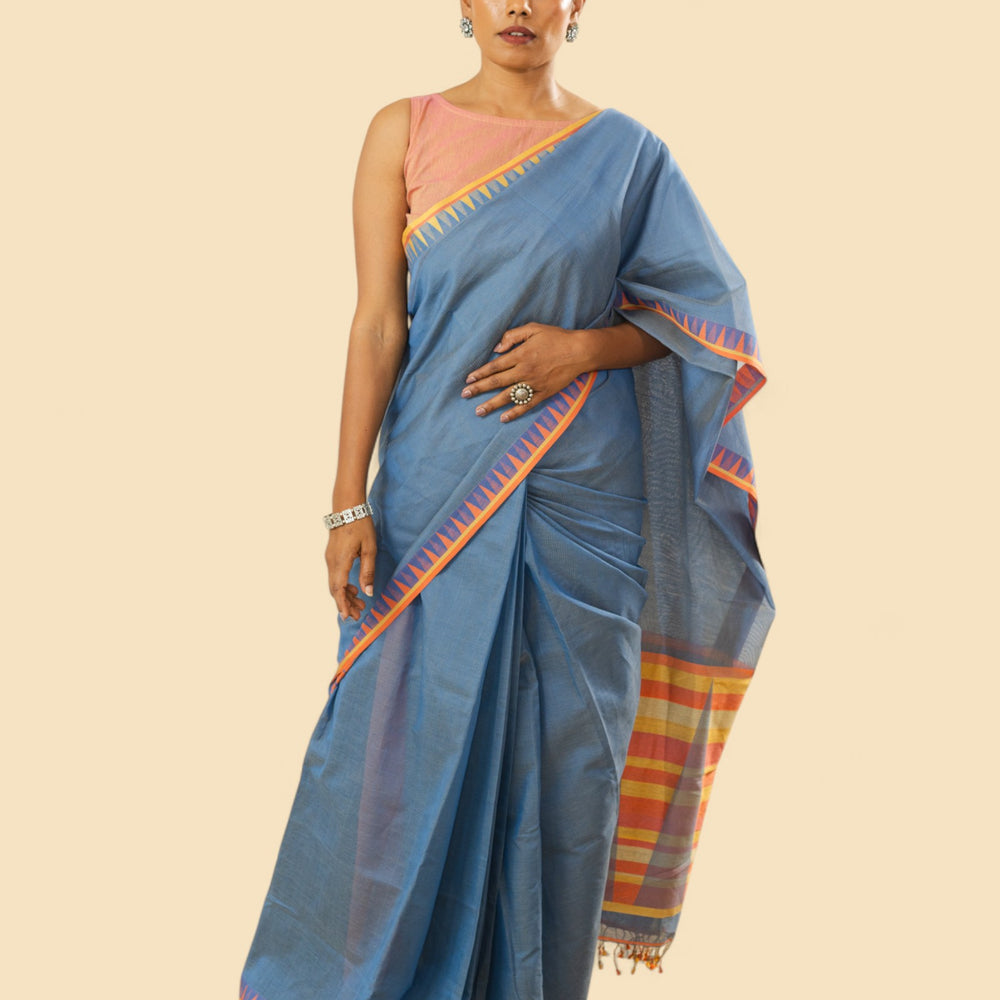 
                      
                        Blueish Grey - Temple Motif Organic Cotton Saree
                      
                    