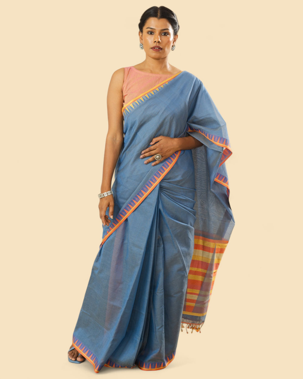 Blueish Grey - Temple Motif Organic Cotton Saree