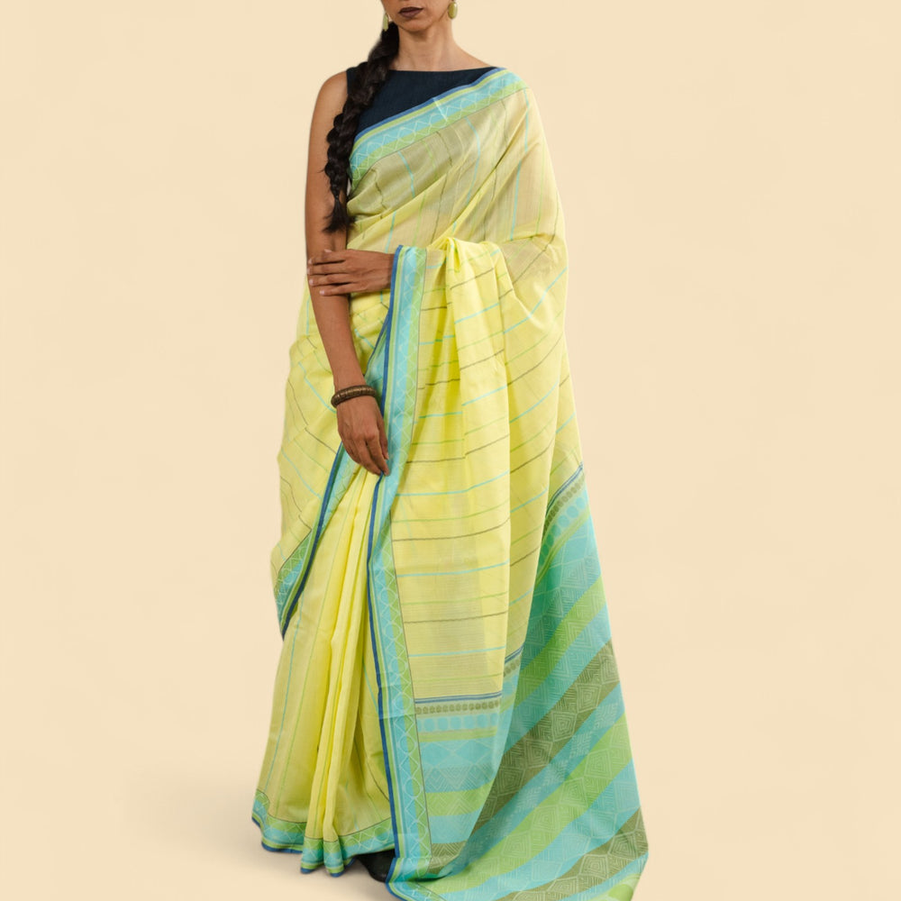Yellow - Geometric Elegance Organic Cotton Saree