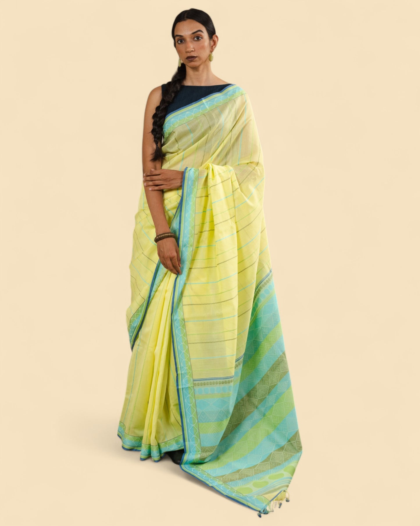 Yellow - Geometric Elegance Organic Cotton Saree