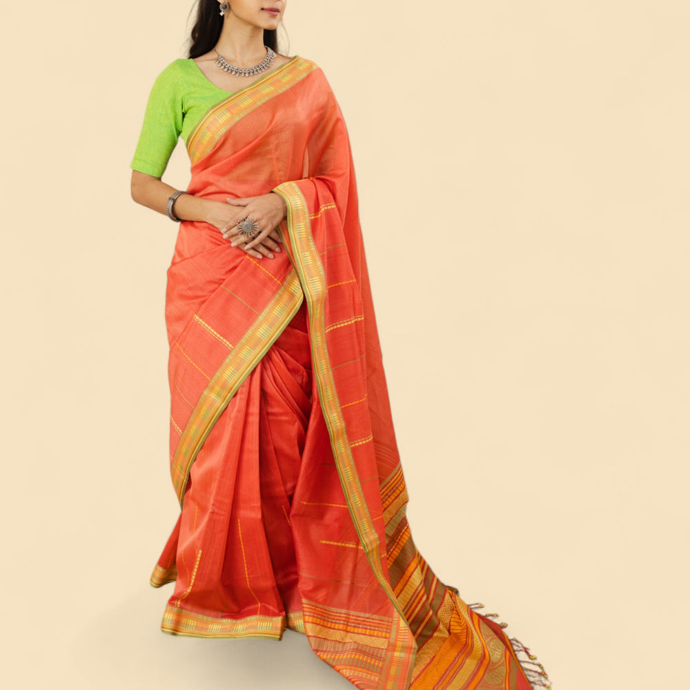 Orange - Sticks and Swirls Organic Cotton Saree