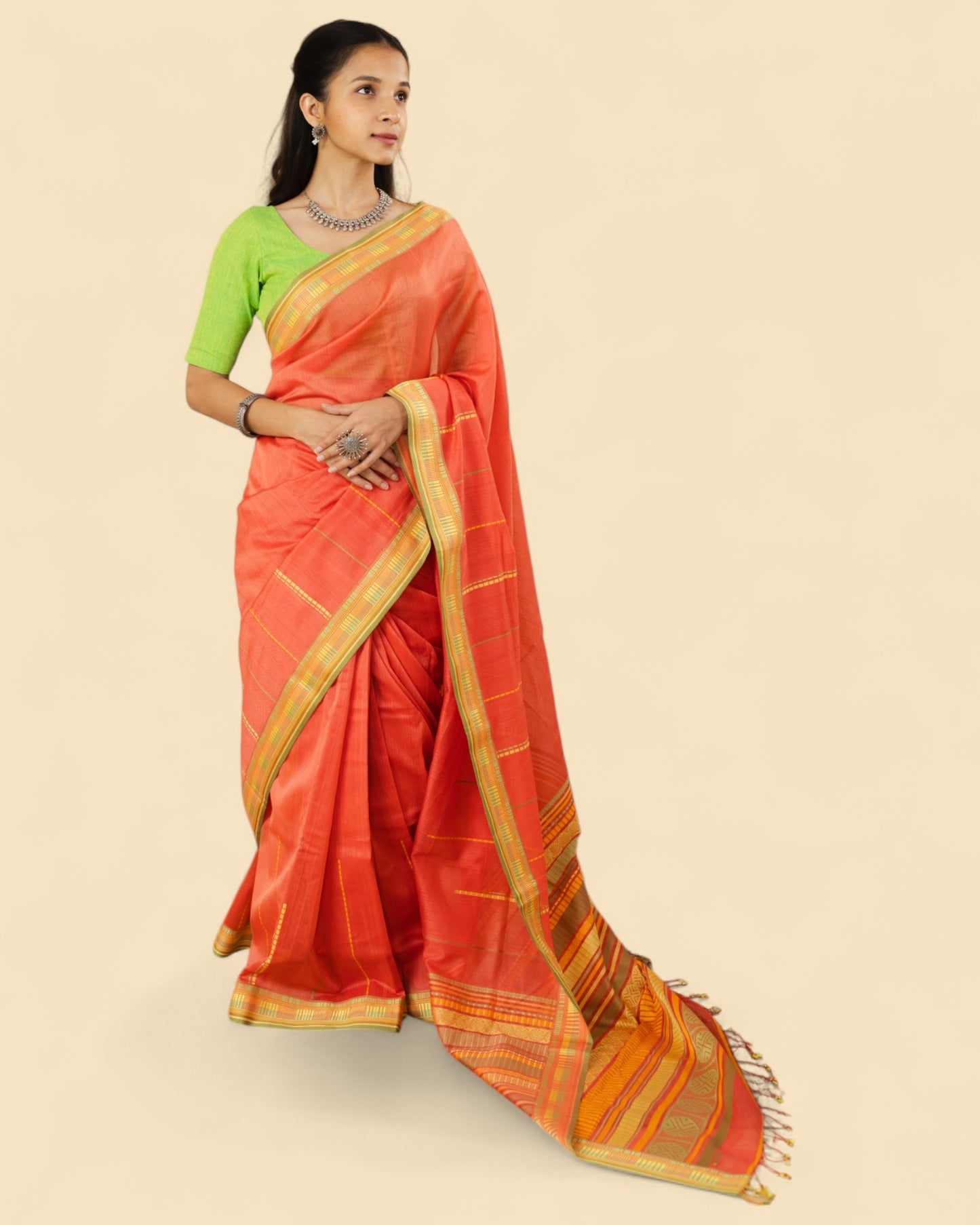 Orange - Sticks and Swirls Organic Cotton Saree