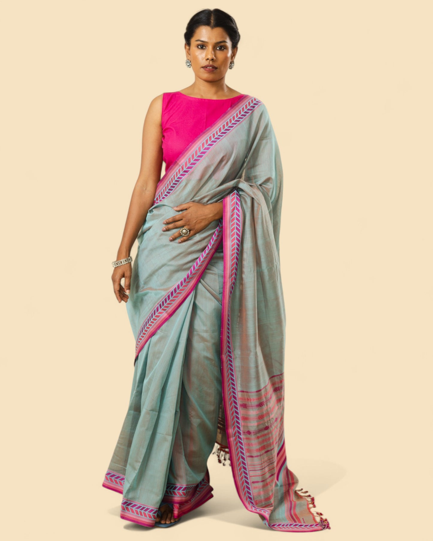 Blueish Grey - Arrowed Opulence Organic Cotton Saree