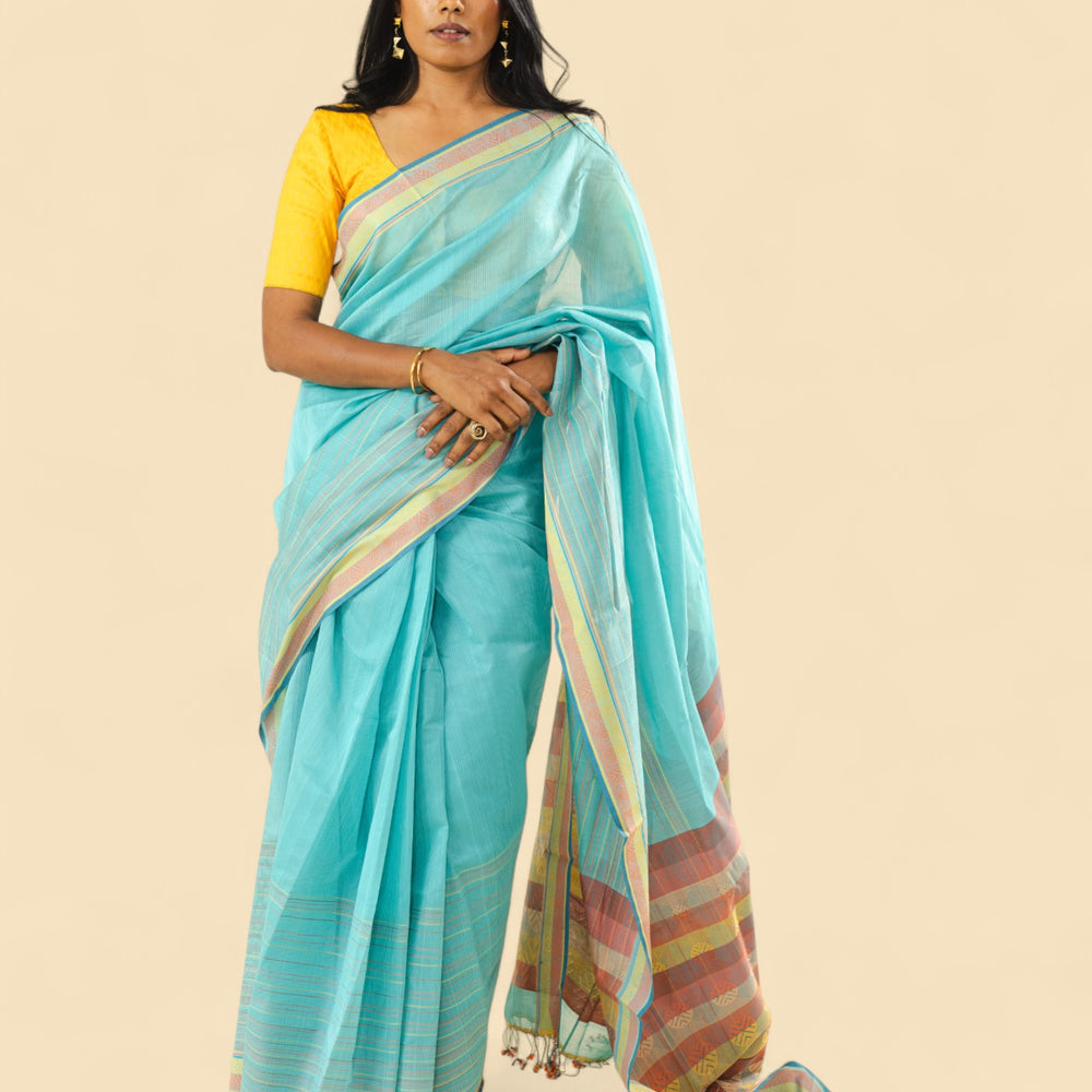 Cyan Blue - Whispering Circles Organic Cotton Saree