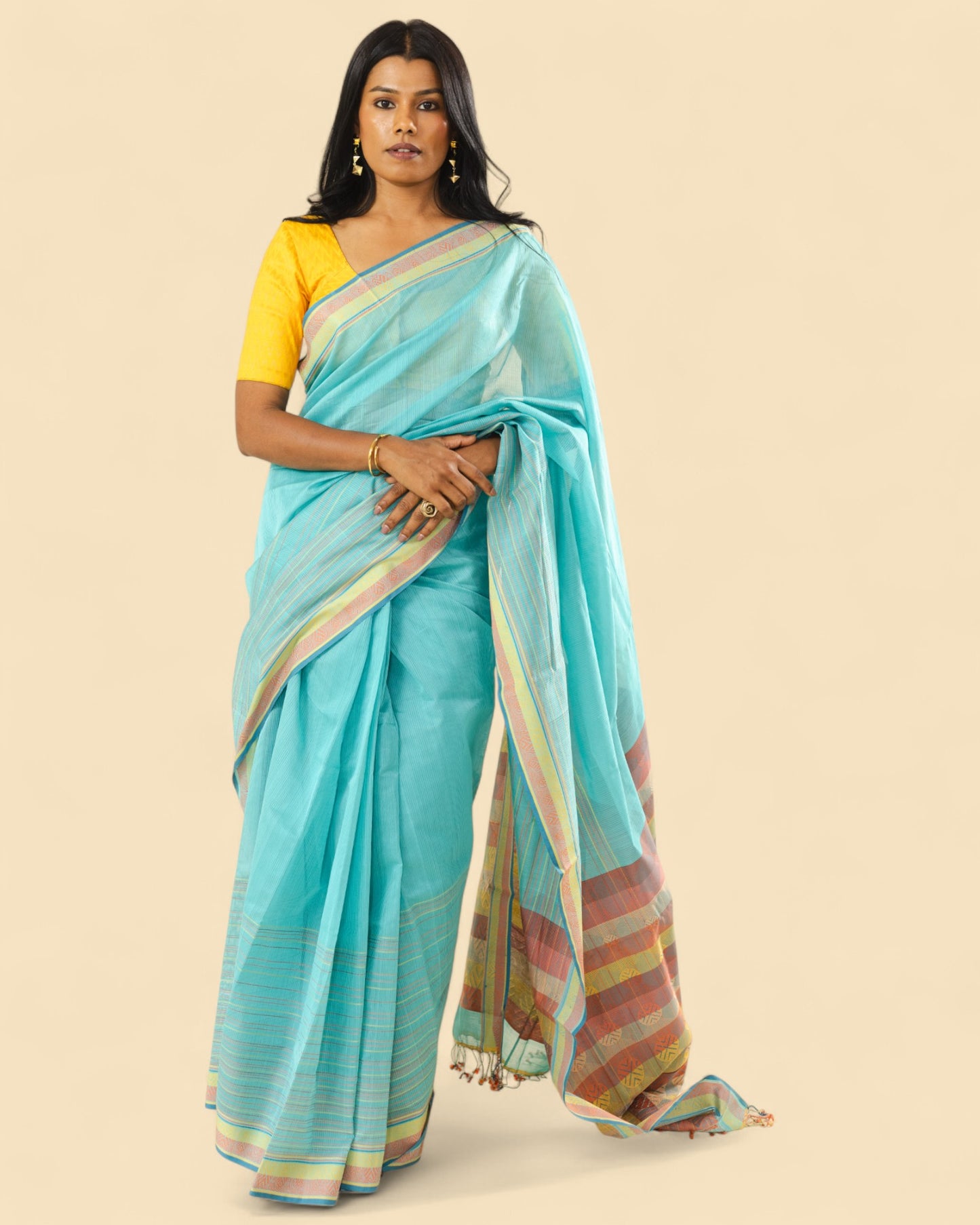 Cyan Blue - Whispering Circles Organic Cotton Saree