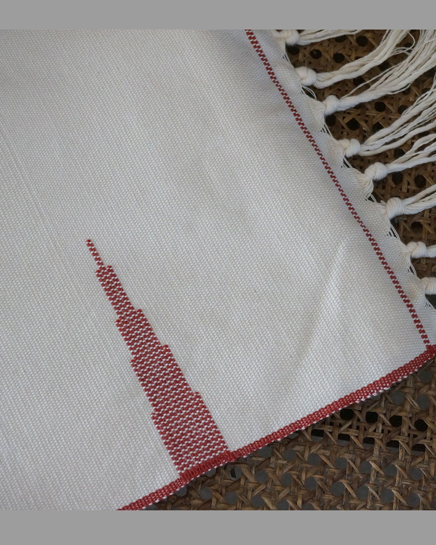 Off White - Blanket 1 with red temple motif (with tassels)