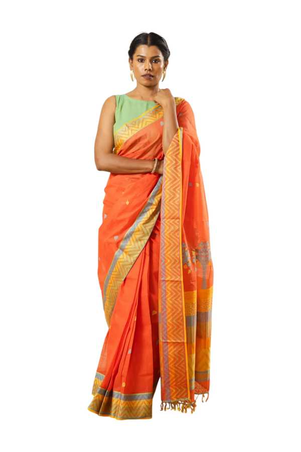 Orange organic cotton saree