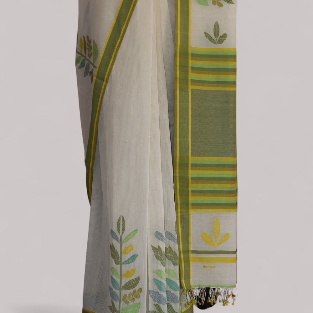 
                      
                        White - Leaf Motif Organic Cotton Saree
                      
                    