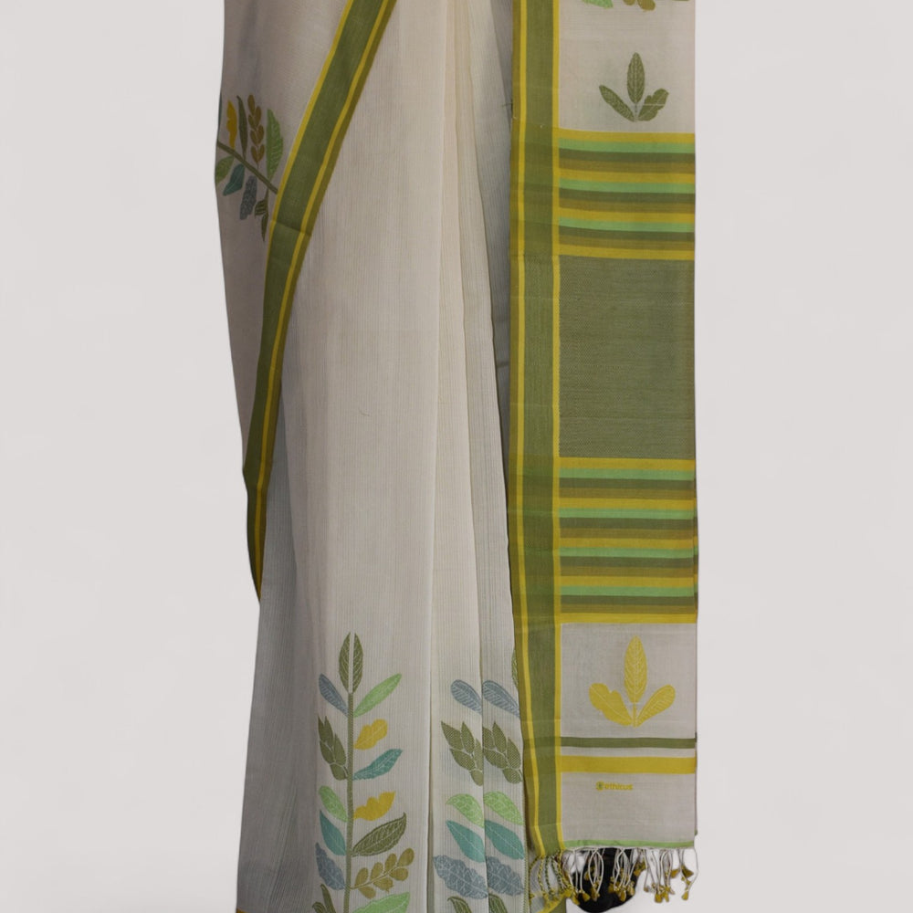 
                      
                        White - Leaf Motif Organic Cotton Saree
                      
                    