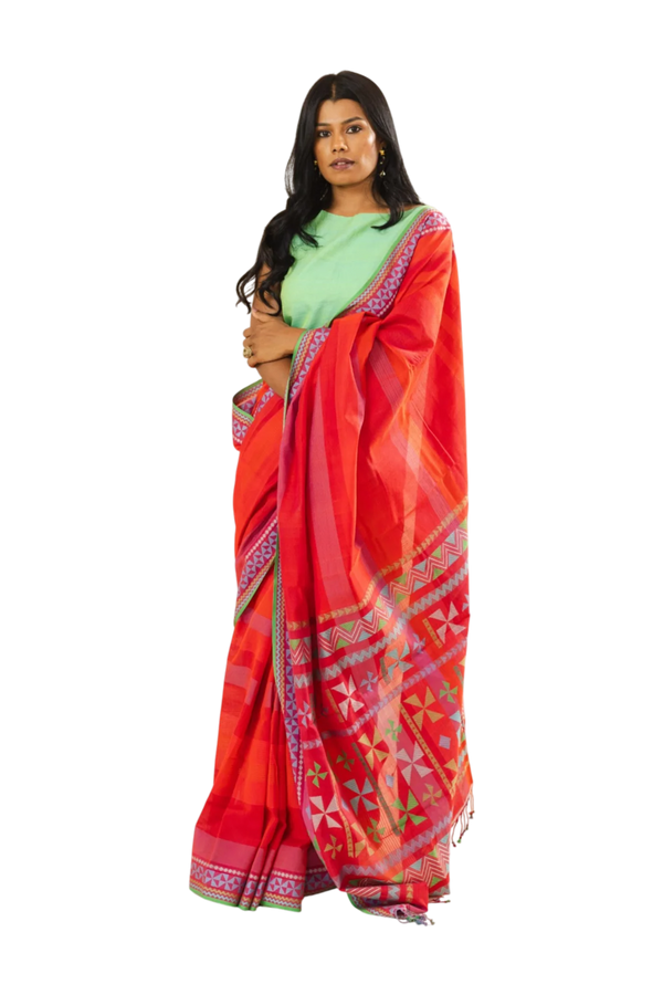 Red organic cotton saree