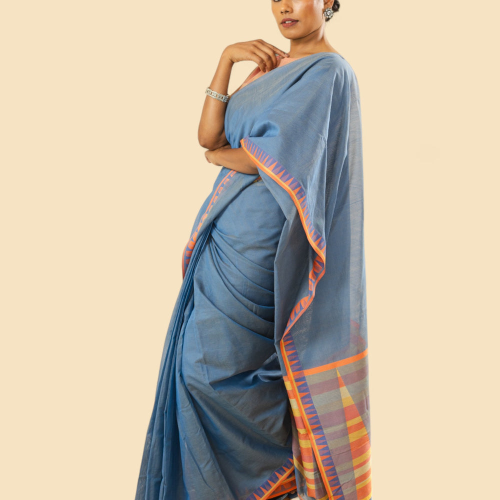 
                      
                        Blueish Grey - Temple Motif Organic Cotton Saree
                      
                    